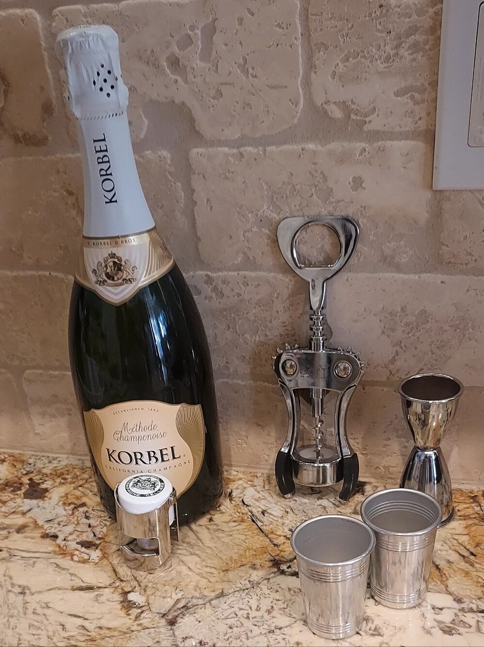 Korbel Stamped Champagne Bottlestop, bar  Corkscrew,2 Spout Pour, 2 Shot cup
